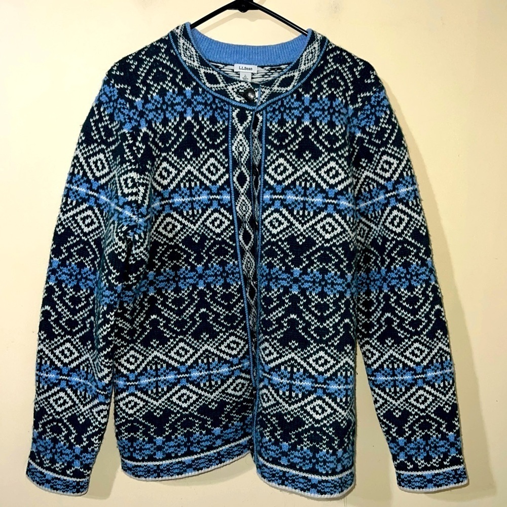 Vintage L.L. Bean Blue Nordic Kingfield Button Front Cardigan Sweater Large